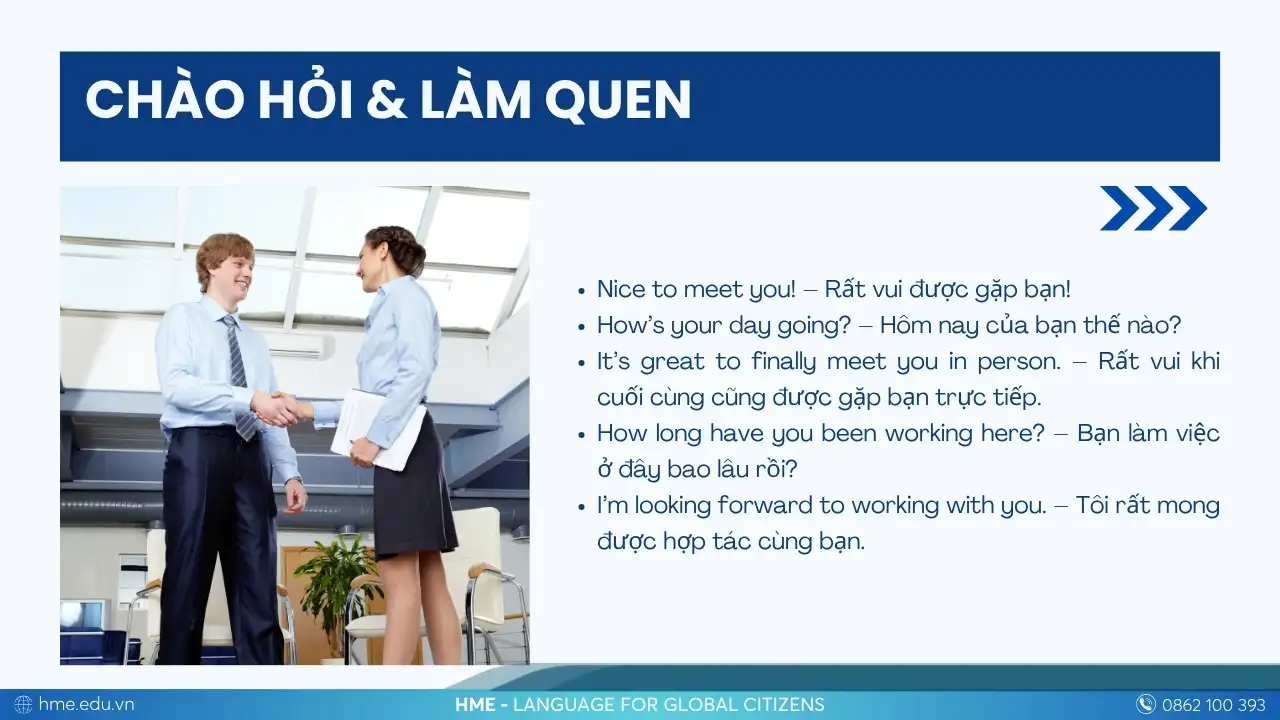 Tiếng Anh giao tiếp công việc: Chào hỏi & làm quen